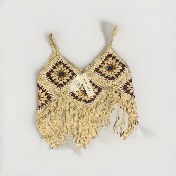 New Boho Crochet Fringe Top Y2K Festival Knit Granny Square Hippie Beach Crop - Picture 2 of 6